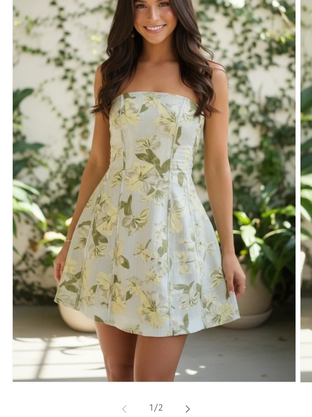 Strapless Floral Mini Dress in Pale Blue and Yellow